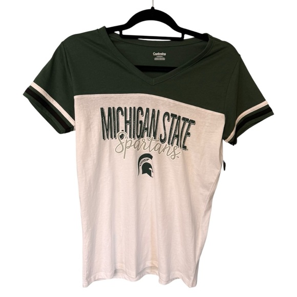 Michigan State Spartans Women’s V-Neck Colorblock T-Shirt Green White Small NWT - Picture 1 of 7